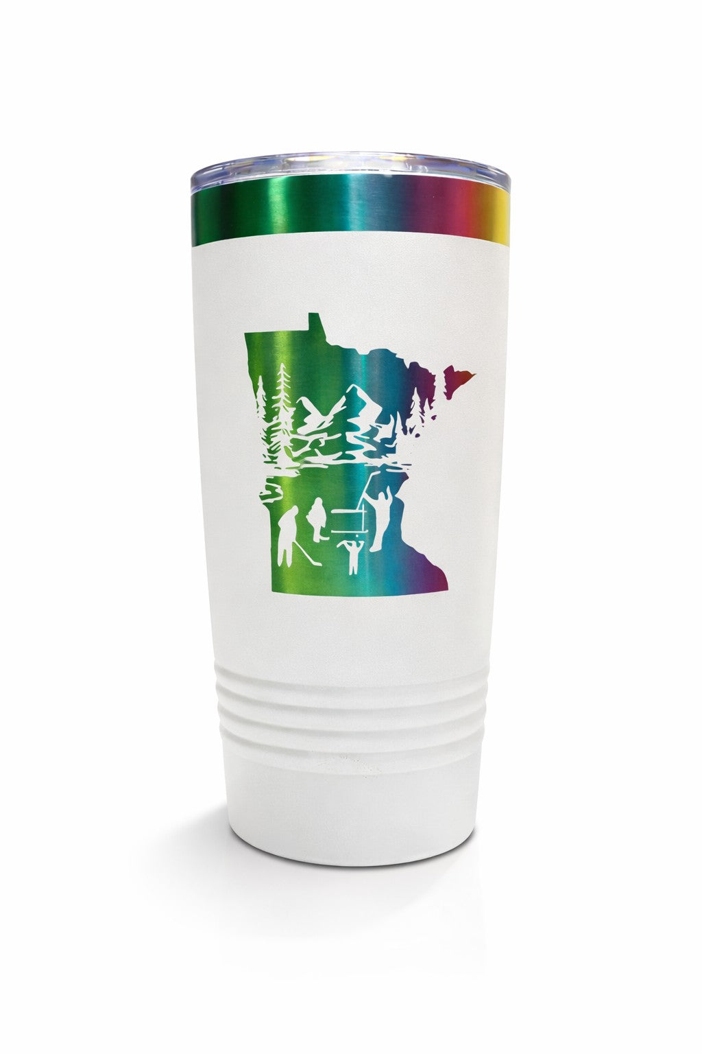 White tumbler with a colorful Minnesota-themed design on a white background