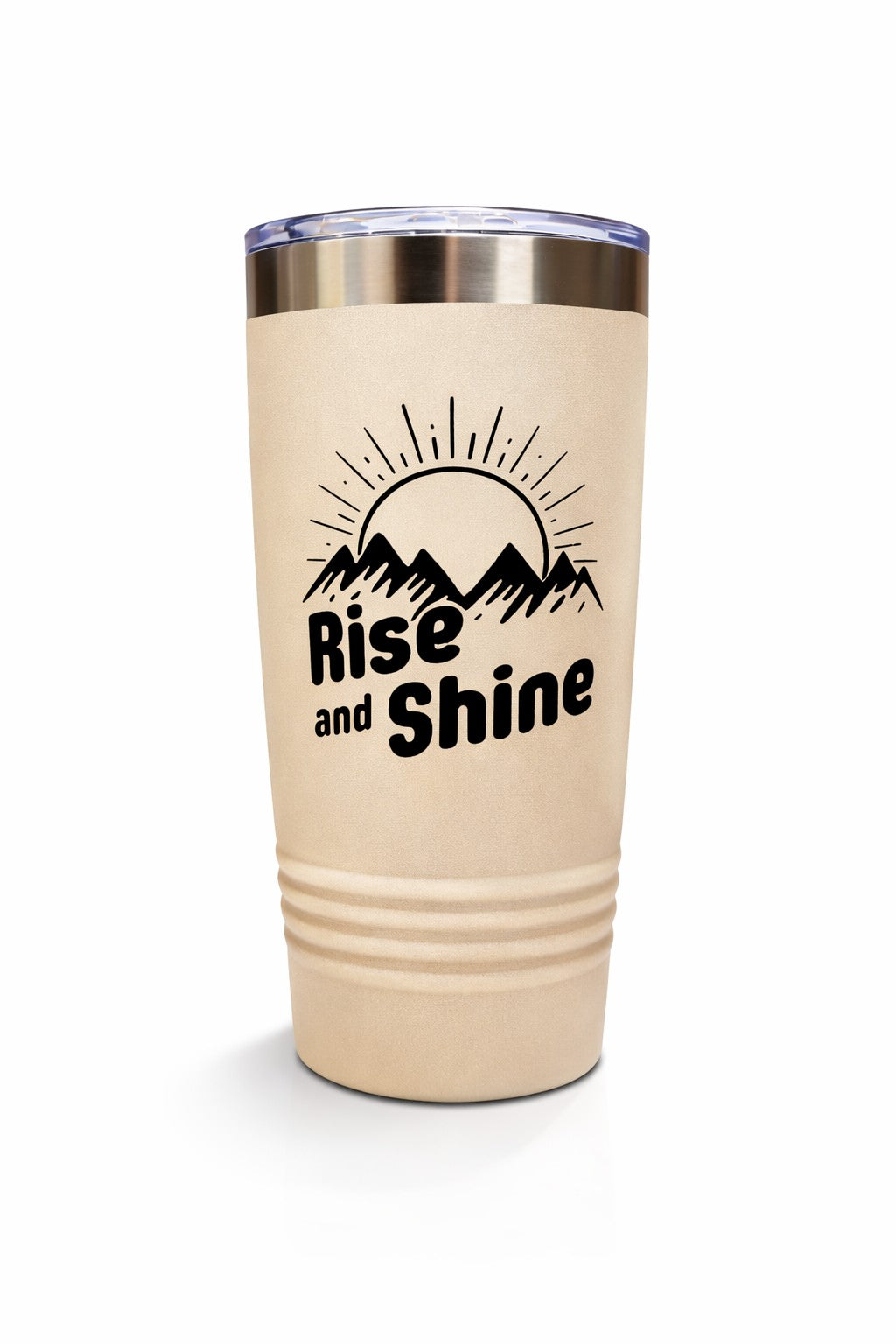 Beige tumbler with 'Rise and Shine' and mountain design on a white background