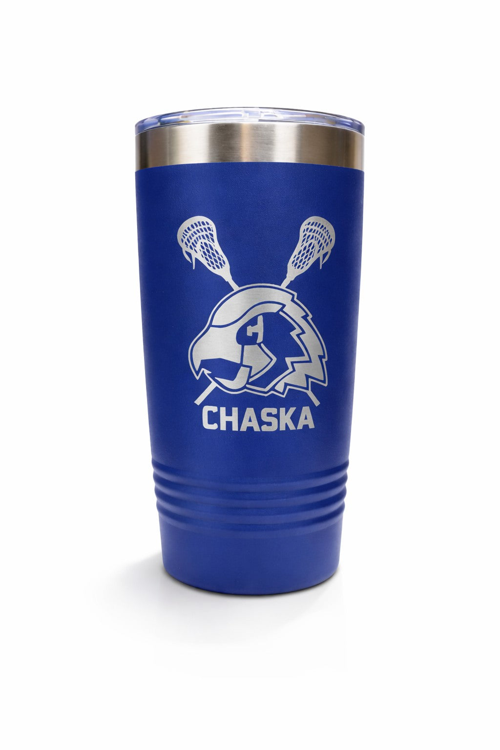 Blue tumbler with white logo and 'Chaska' text on a white background