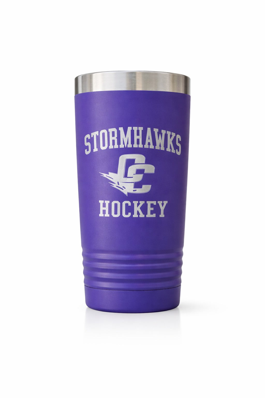 Purple tumbler with 'Stormhawks Hockey' text and logo on a white background
