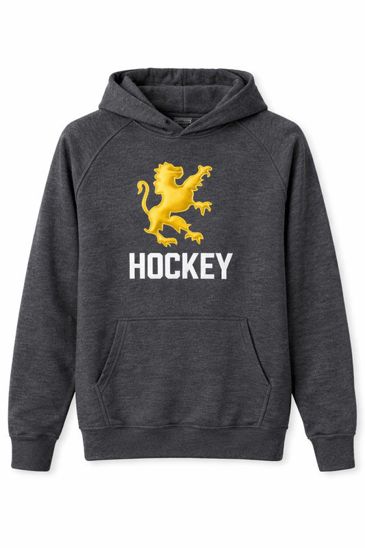 Gray hoodie with a yellow lion graphic and 'Hockey' text on a white background