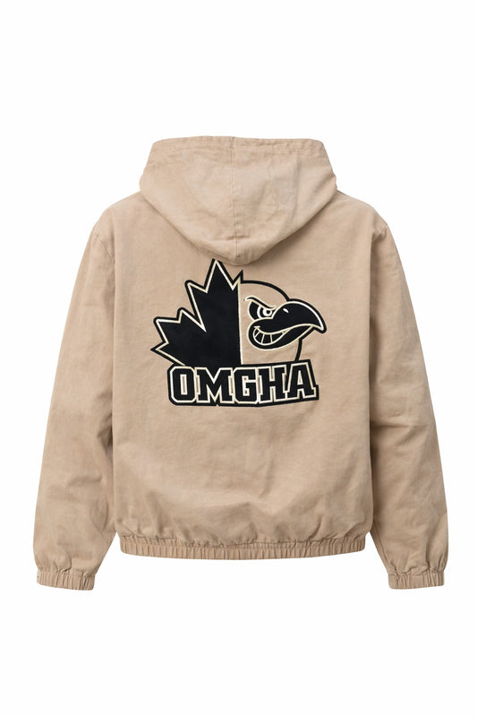 Beige hoodie with a black and white graphic on the back against a white background. Embroidered Applique'